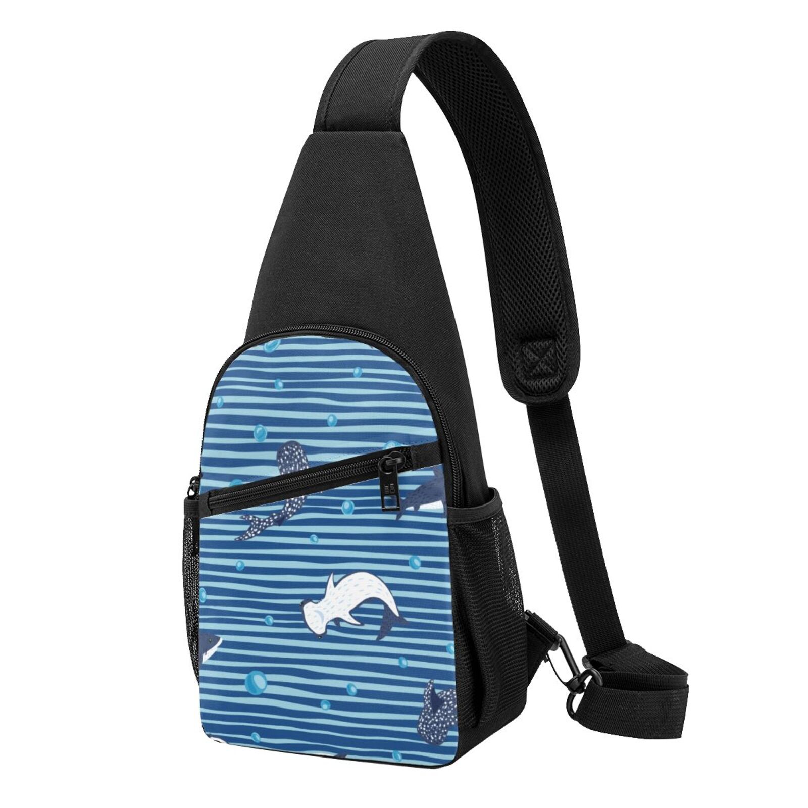 Xecao's Sharks on White Blue Striped Print Sling Bag: A Versatile Chest, Shoulder, and Crossbody Backpack for Casual Days Out, Perfect for Both Men and Women