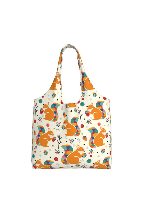 's Squirrel With Colorful Tail Canvas Tote Bag is a versatile choice for women, serving as a stylish beach bag, shopping bag,and reusable grocery bag.