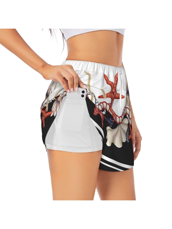 's Starfishes Shells for a double-layer running short for women, perfect for gym, tennis, and more, featuring a convenient pocket.