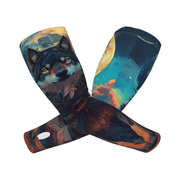 Xecao's Starry Sky Moon Wolf Leader print Arm Sleeves offer cooling UV protection and sports compression for both men and women.