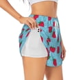 thumbnail image 1 of Xecao's Strawberries for a double-layer running short for women, perfect for gym, tennis, and more, featuring a convenient pocket., 1 of 9