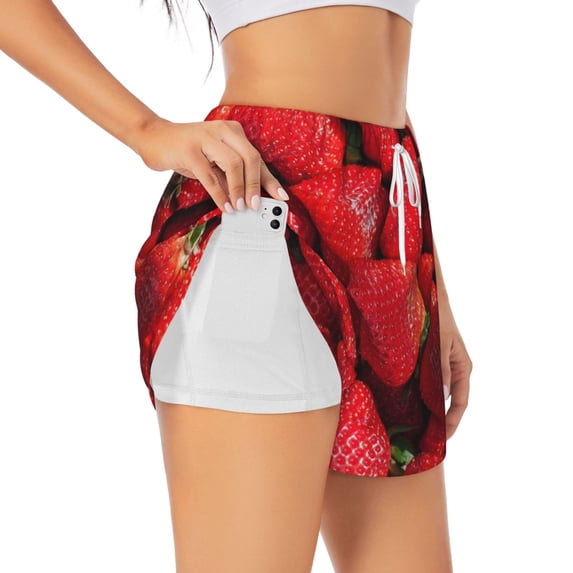 Xecao's Strawberry Red for a double-layer running short for women, perfect for gym, tennis, and more, featuring a convenient pocket.
