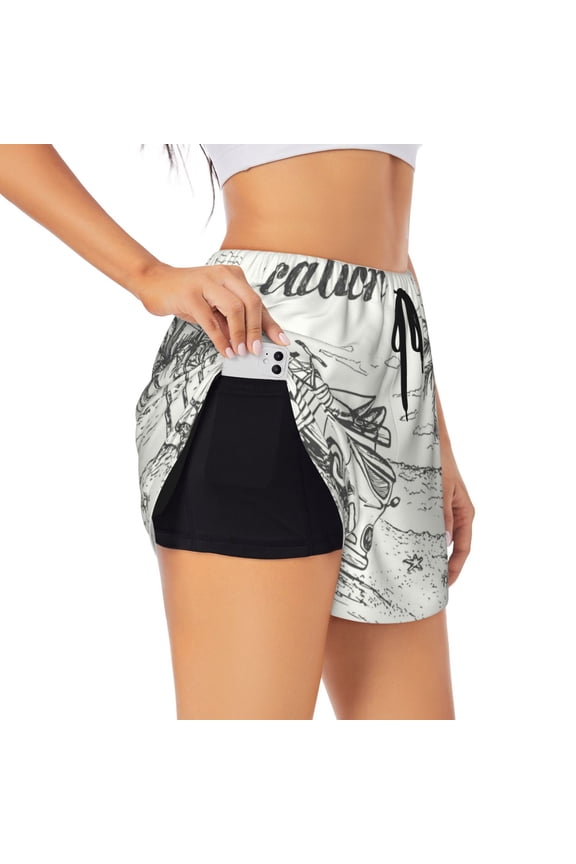 's Summer Vacation Scene With Camping Van for a double-layer running short for women, perfect for gym, tennis, and more, featuring a convenient pocket.