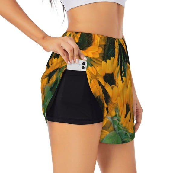 Xecao's Sunflowers 7 for a double-layer running short for women, perfect for gym, tennis, and more, featuring a convenient pocket.