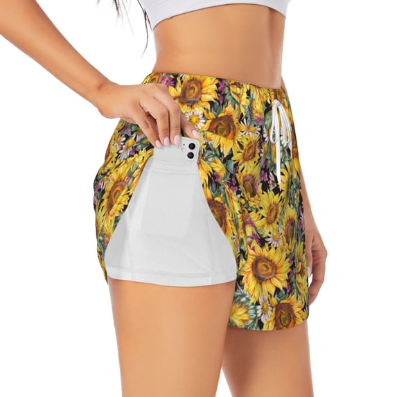 Xecao's Sunflowers Vintage for a double-layer running short for women, perfect for gym, tennis, and more, featuring a convenient pocket.