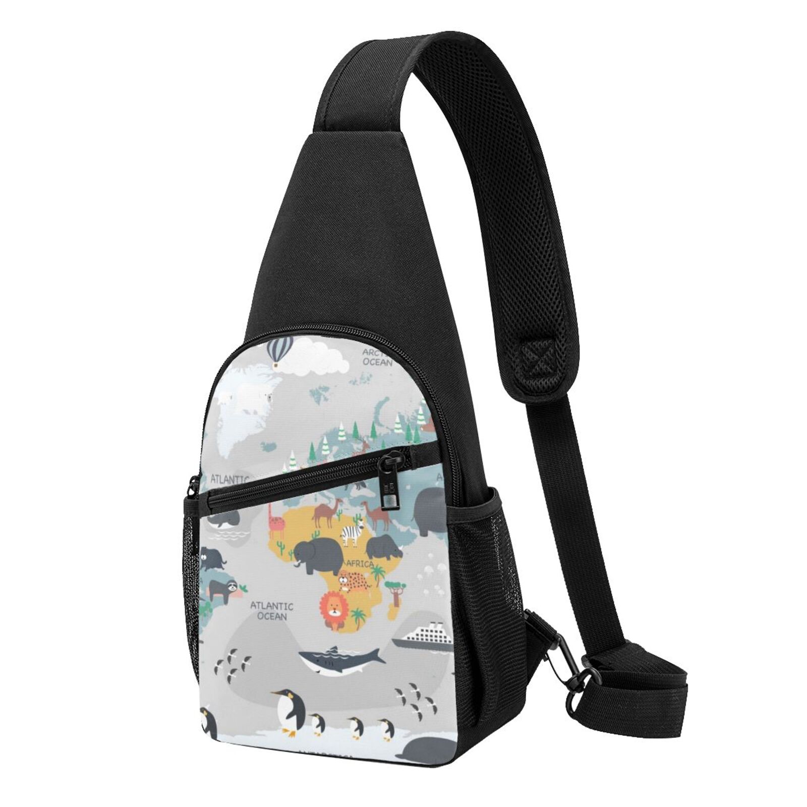 Xecao's The World Map with Cartoon Animals Print Sling Bag: A Versatile Chest, Shoulder, and Crossbody Backpack for Casual Days Out, Perfect for Both Men and Women