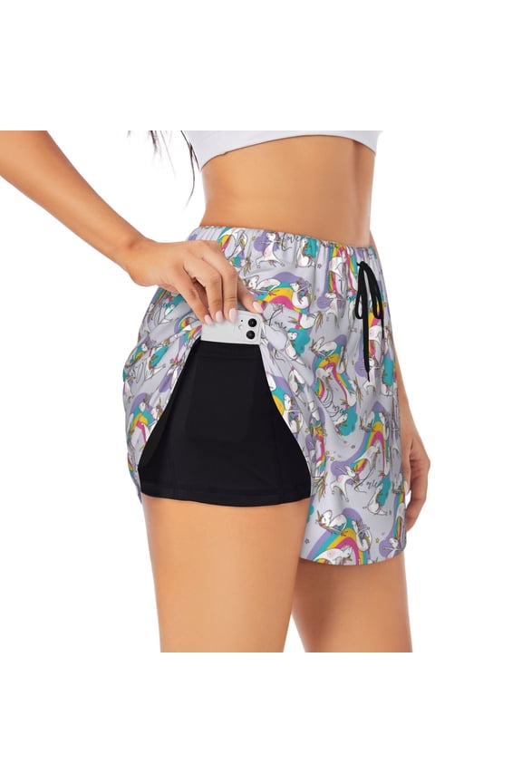 's Unicorn DoingYoga for a double-layer running short for women, perfect for gym, tennis, and more, featuring a convenient pocket.