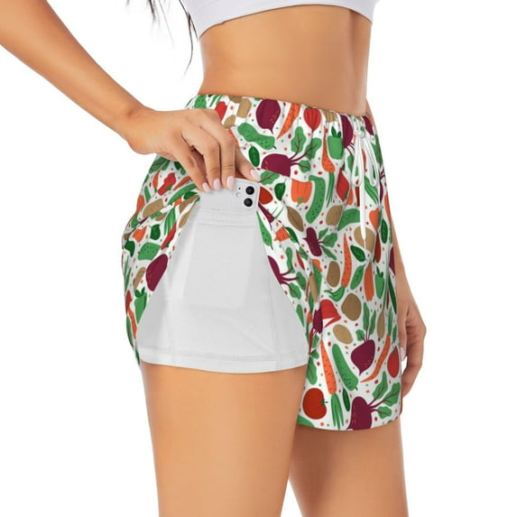 Xecao's Vegetables for a double-layer running short for women, perfect for gym, tennis, and more, featuring a convenient pocket.