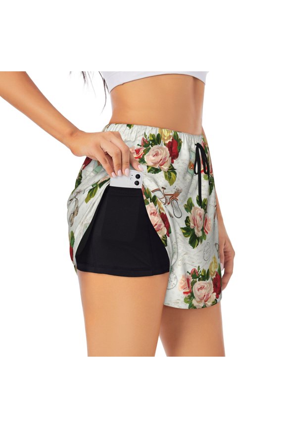 's Vintage Bike Flower Butterfly for a double-layer running short for women, perfect for gym, tennis, and more, featuring a convenient pocket.