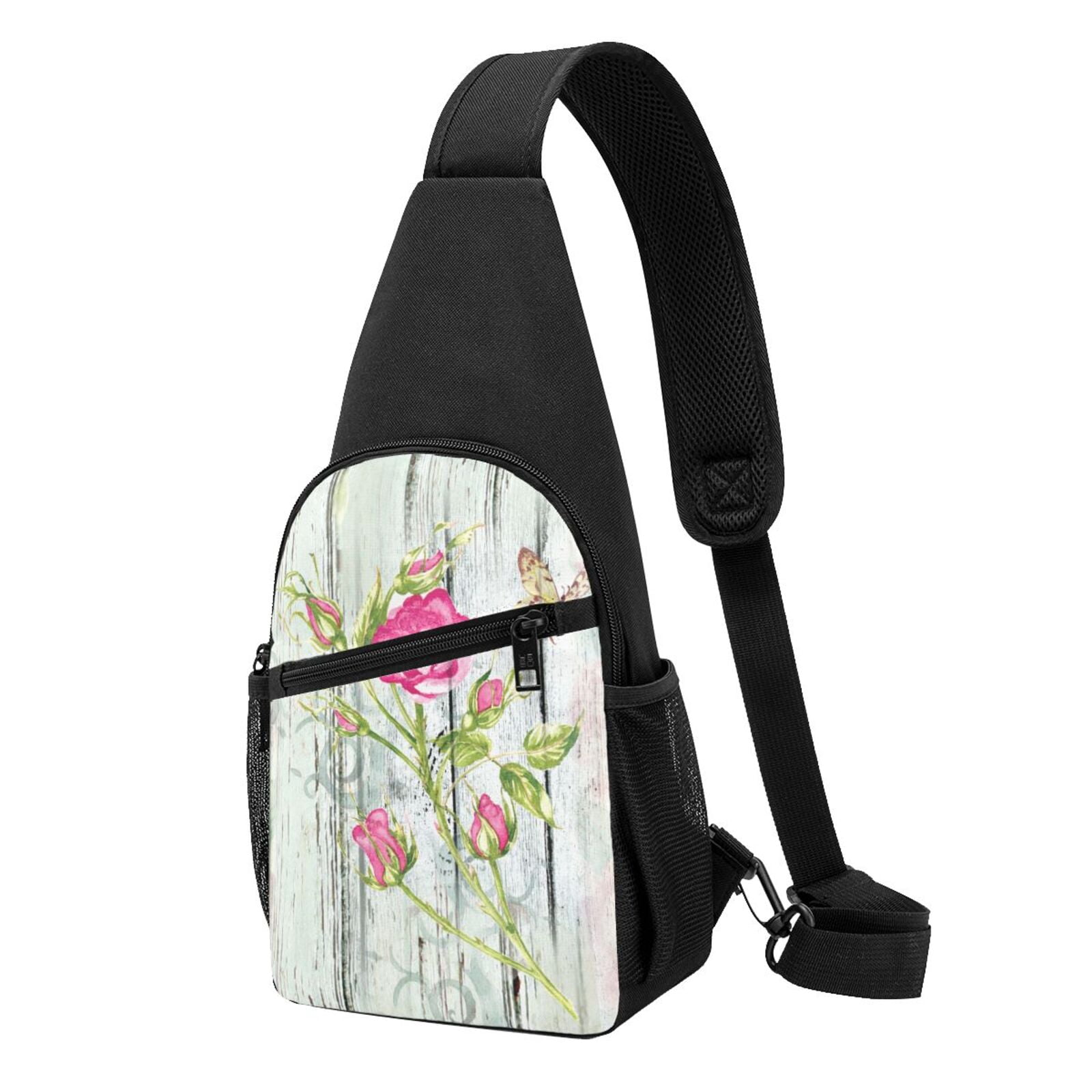 Xecao's Vintage Wood Background with Floral Print Sling Bag: A Versatile Chest, Shoulder, and Crossbody Backpack for Casual Days Out, Perfect for Both Men and Women
