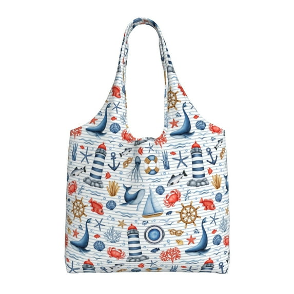 Xecao's Watercolor Nautical Canvas Tote Bag is a versatile choice for women, serving as a stylish beach bag, shopping bag,and reusable grocery bag.