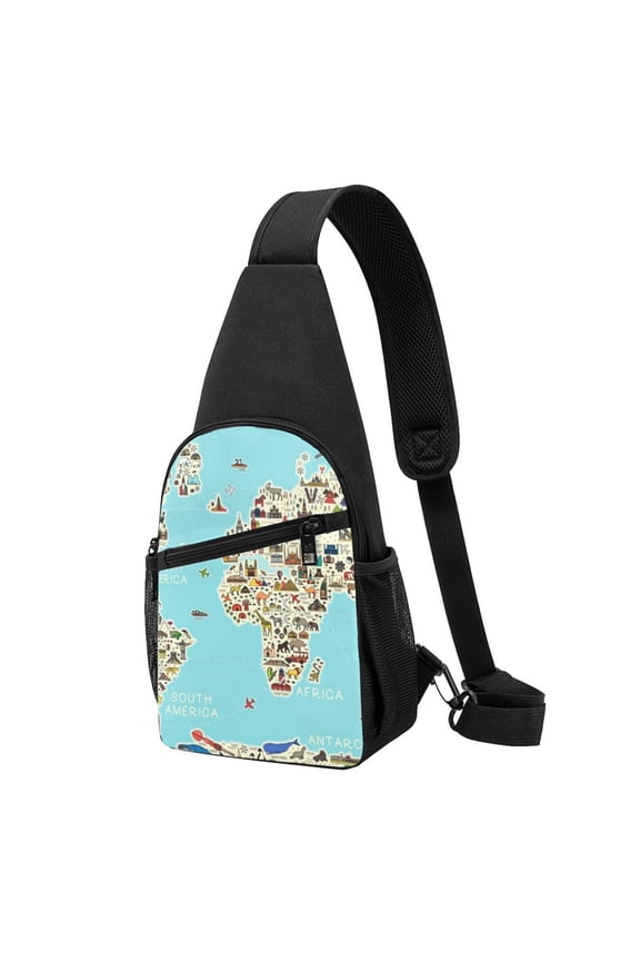 's World Travel Line Icons Map Print Sling Bag: A Versatile Chest, Shoulder, and Crossbody Backpack for Casual Days Out, Perfect for Both Men and Women