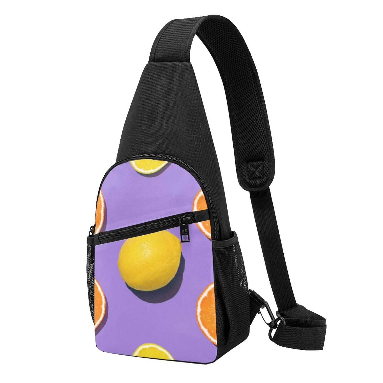 Xecao's Yellow Lemon And Orange Print Sling Bag: A Versatile Chest, Shoulder, and Crossbody Backpack for Casual Days Out, Perfect for Both Men and Women