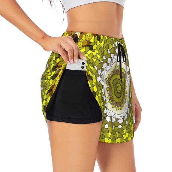 Xecao's Yellow Mandala for a double-layer running short for women, perfect for gym, tennis, and more, featuring a convenient pocket.