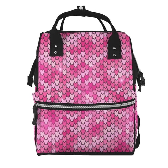 Xecao shiny with pink heart Print Large Capacity Nappy Bag Is a Multi-Functional Waterproof Travel Backpack, Perfect as a Nursing Bag or Mummy Backpack for Women
