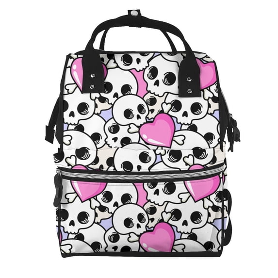 Xecao skull with hearts Print Large Capacity Nappy Bag Is a Multi-Functional Waterproof Travel Backpack, Perfect as a Nursing Bag or Mummy Backpack for Women