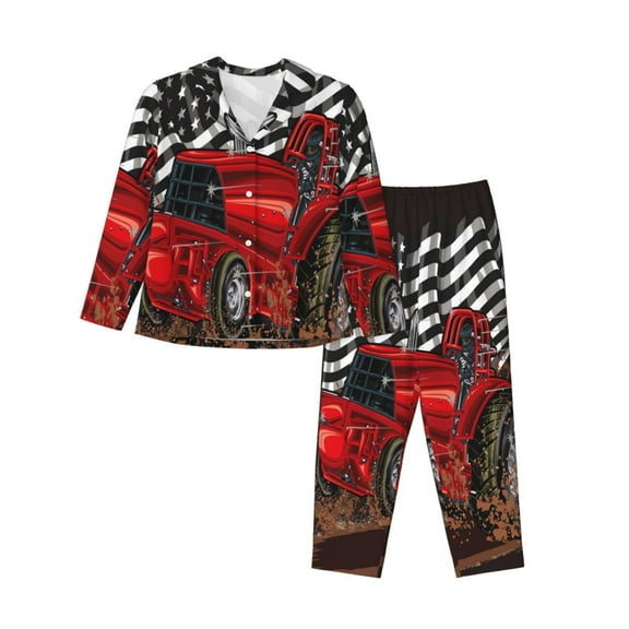 Xecao tractor Print Women Pajamas Set Soft Sleepwear Pjs long Sleeve Button Down Nightwear with Long Pants-Medium