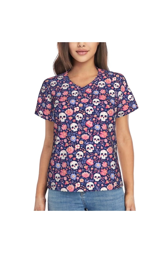 white Skull Flower for Women's V-Neck T-Shirts-Elegant Half-Sleeve Tops Perfect for Summer-Small