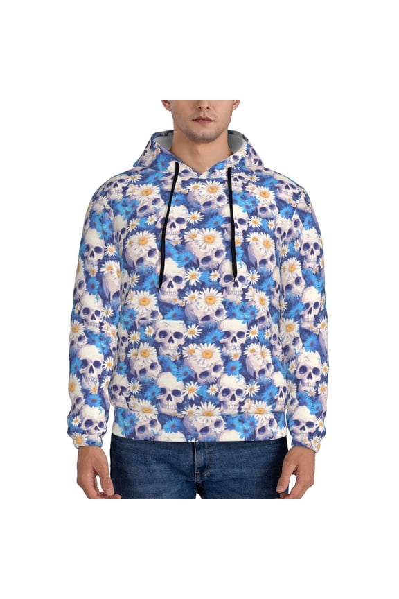 white Skull blue daisy Pattern Men's Adult Pullover Hoodie,Hooded Sweatshirt-Small