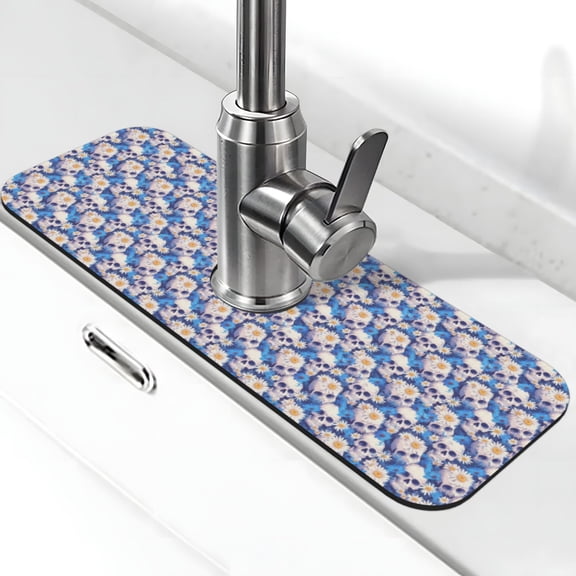 Xecao white Skull blue daisy for Kitchen Sink Splash Guard Faucet Mat , Faucet Guard & Draining mat, (15" X 5.5" )