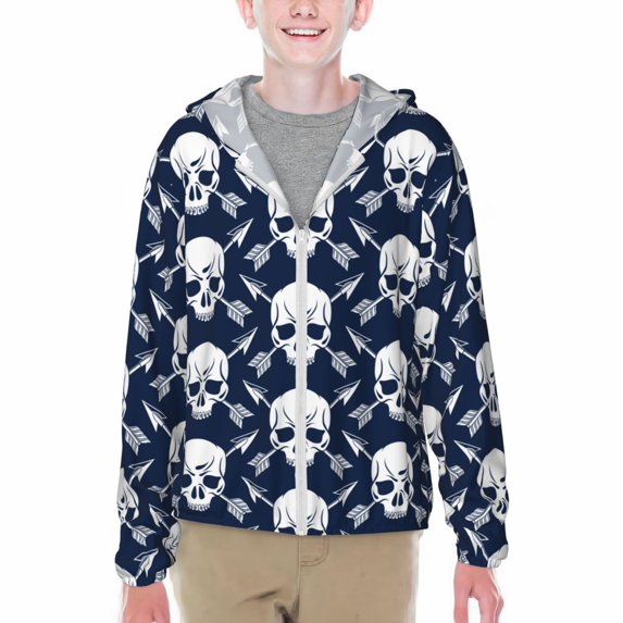 Xecao white arrow Skull Print Fishing Shirts for teenager Long Sleeve UV Sun Protection Hoodie with Zipper Outdoor Hiking Shirts-Small
