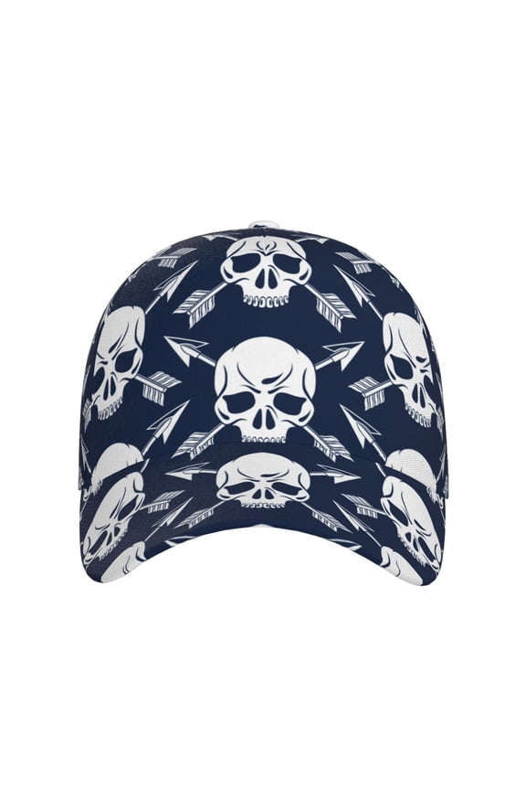 white arrow Skull for Baseball Cap: Unisex, crafted from classic polyester twill fabric, featuring a soft unconstructed design