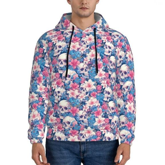 Xecao white flower Skull blue Pattern Men's Adult Pullover Hoodie,Hooded Sweatshirt-XX-Large