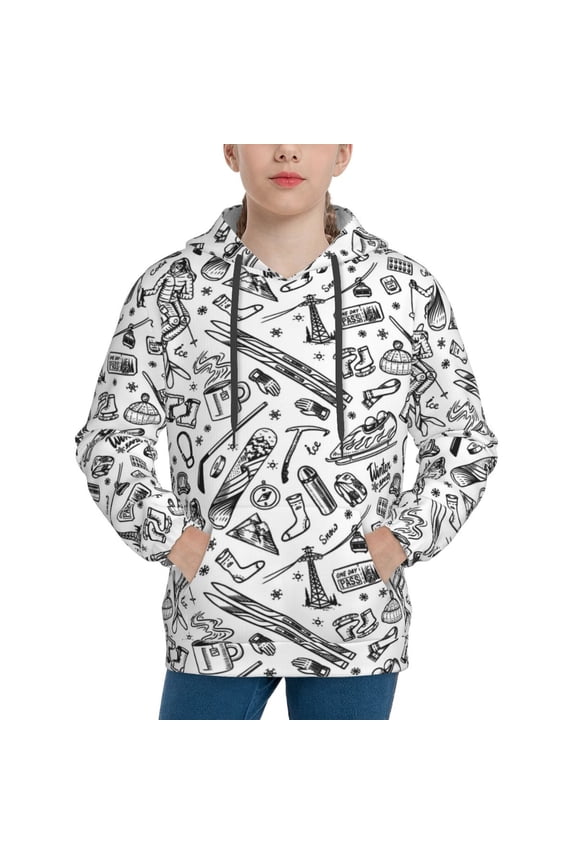 winter Ski Element Print Youth Hoodie Sweatshirt,Boys Hoodies,Essentials Hoodie-X-Large