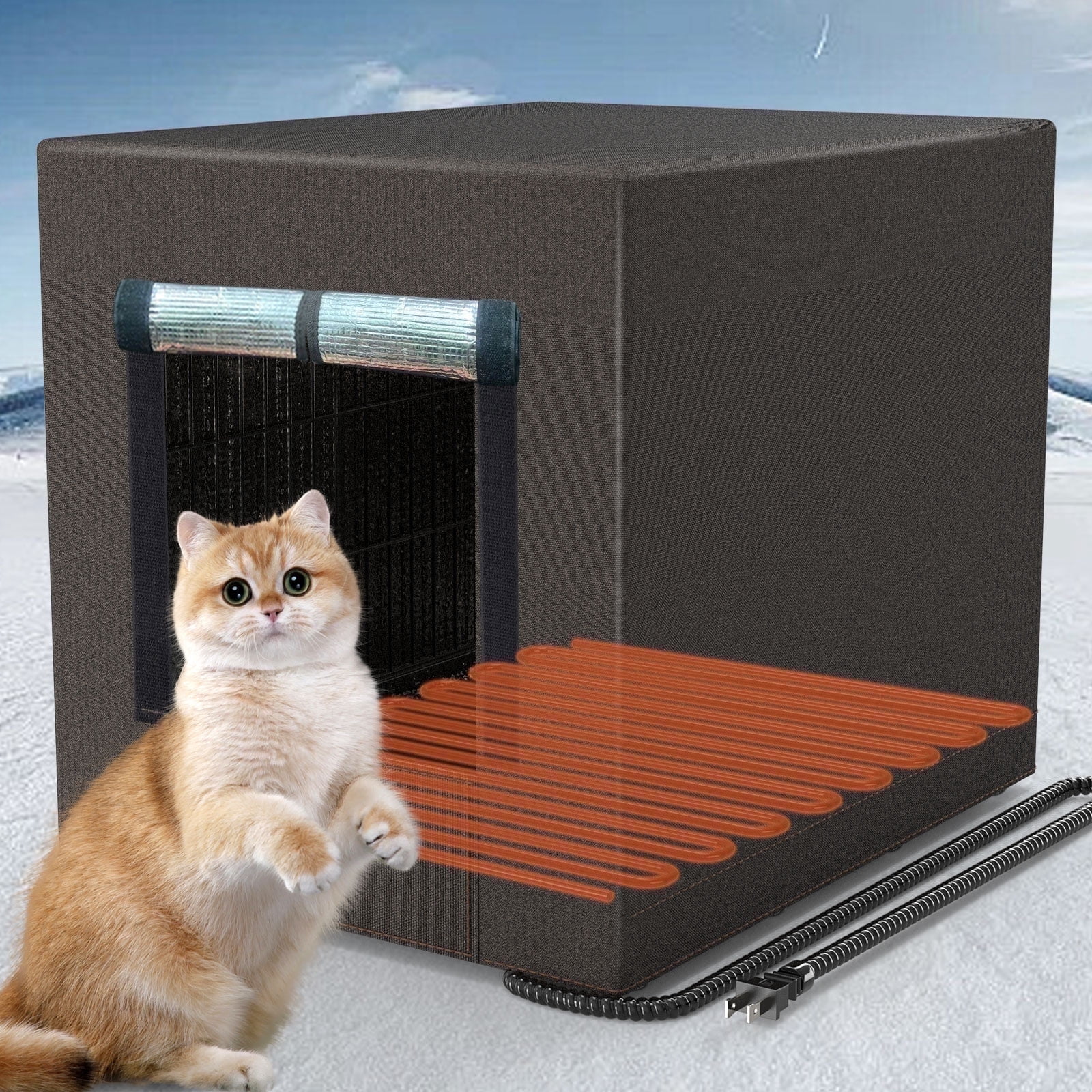 Xecessory Large Heated Cat House for Outdoor Cats in Winter, Waterproof Insulated Outdoor Cat House, Feral Cat Shelter with Heating Pad for Small Animals (Brown)
