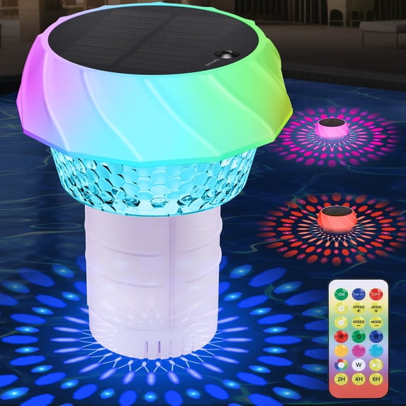 Xecessory Solar Pool Chlorine Floater with RGB Light, Remote Control Floating Pool Dispenser Holds 4 x 3in Tablets, Adjustable Release Floating Chlorinator for Hot Tub, Spa
