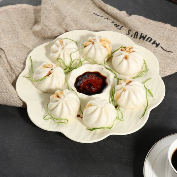Xecvkr Appetizer Plate with Sauce Compartment Plastic Dumpling Sushi Snack Tray Home Restaurant Fry Shrimp Party Server Easy Clean Modern Pattern 1 Pack Beige