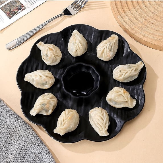 Xecvkr Appetizer Plate with Sauce Compartment Plastic Dumpling Sushi Snack Tray Home Restaurant Fry Shrimp Party Server Easy Clean Modern Pattern 1 Pack Black