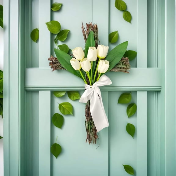 Xecvkr Artificial Tulip Easter Wreath Door Hanging Spring Summer Arrivals Floral Home Decor Festive Plastic Indoor Outdoor 1 Piece White