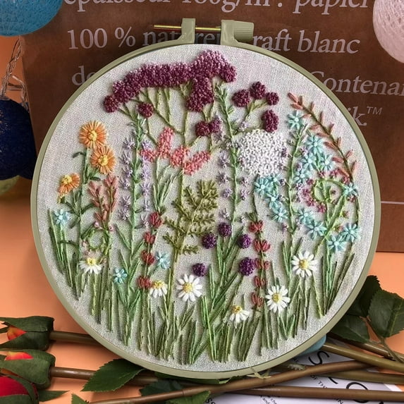Xecvkr Beginner Embroidery Flower Kit DIY Hand Needlework Material Package Cotton Canvas Round Hoop Thread Pattern Instruction Craft Home Decor Gift 1set 7.87x7.87in