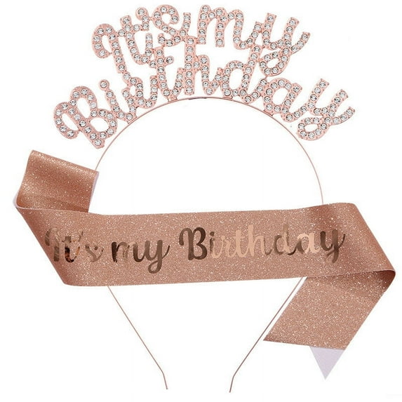 Xecvkr Birthday Headband Shoulder Sash Set Girl IT'S MY BIRTHDAY Hair Accessories Gold Pink Black Princess Rhinestone 30in Sash Adjustable 5.5in High 2pcs