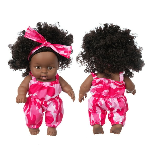 Xecvkr Black Vinyl Baby Doll Toy 8 Inch Realistic Curly Hair Soft Limbs Lifelike Companion Art Collection Gift for Kids Photo Prop Hand-Drawn Nails Removable Clothes