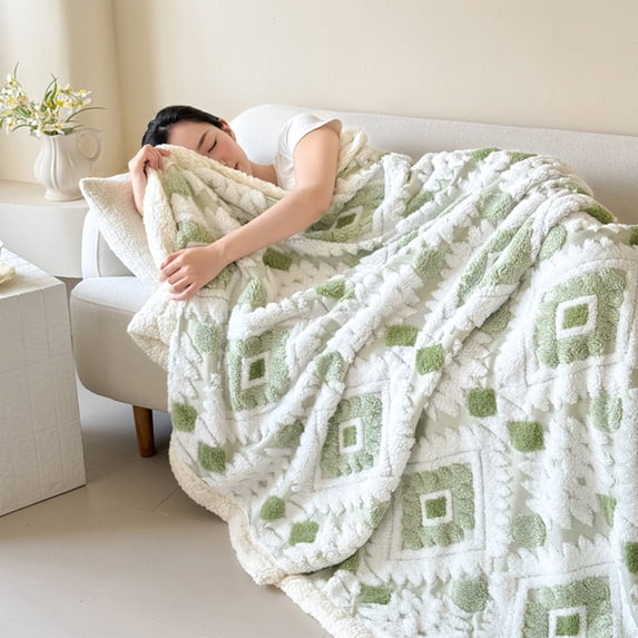 Xecvkr Blankets for Bed Taffeta Lambswool Blanket Hollow Double Layer Warm Nap Office Bed Sofa Fluffy Throw Winter Soft Cozy Room Snuggling Gift Green