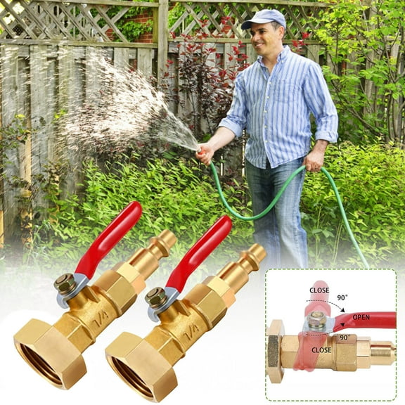 Xecvkr Brass Winterize Blowout Adapter 1/4" Compressor Plug 3/4" Garden Hose Thread Water Line Sprinkler RV Travel Trailer Red Lever Manual Control Freeze Proof Connector 1 Set Gold