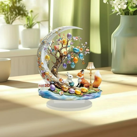 Xecvkr Bunny Fox Crescent Tree Tabletop Ornament Desktop Decorative Unique Acrylic Centerpiece Whimsical Animal Woodland Home Office Living Room Shelf Sculptural Decor 1 Piece