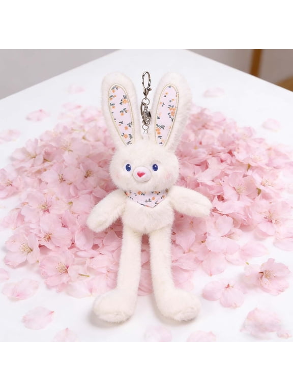 Bunny Plush Keychain Stuffed Pull Tab Ear Toy Cute Rabbit Mini Pendant Funny Travel Bag Clip Decor Soft Holiday Birthday Present White