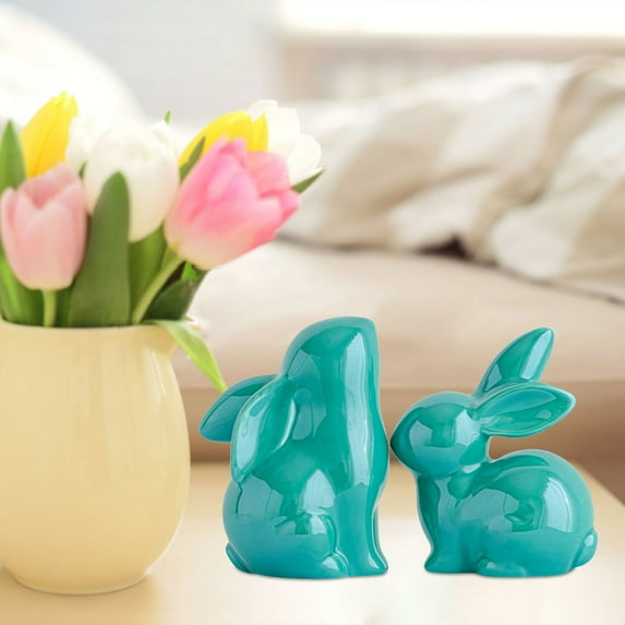 Xecvkr Ceramic Rabbit Ornaments Cute Living Room Decor Desktop Bookcase Study TV Cabinet Home Office Bedroom Birthday Valentine’s Easter Holiday Gift Friends Family Set of 2 Green