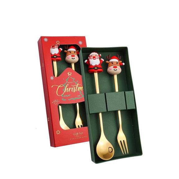 Xecvkr Christmas Dessert Spoon fork Small Set Stainless Steel Tableware Cute Pendant Decorative Tea Stir Stirring Gift Box 18x8cm 2 Piece