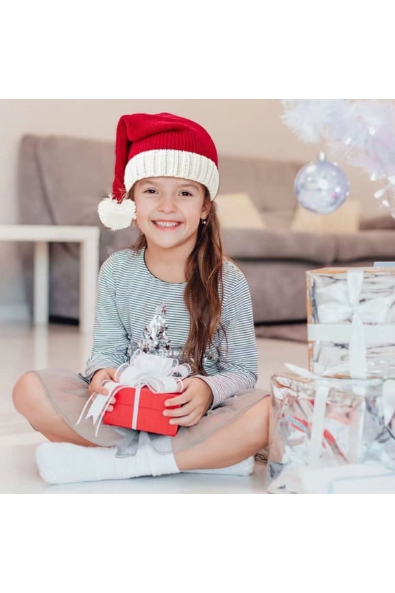 Christmas Knitted Hat Santa Crochet Warm Winter Holiday Red Acrylic Adult Teen Child Men Women Elastic Head Outdoor Family Photo Accessories 18.11x7.87in/15.74x7.08in