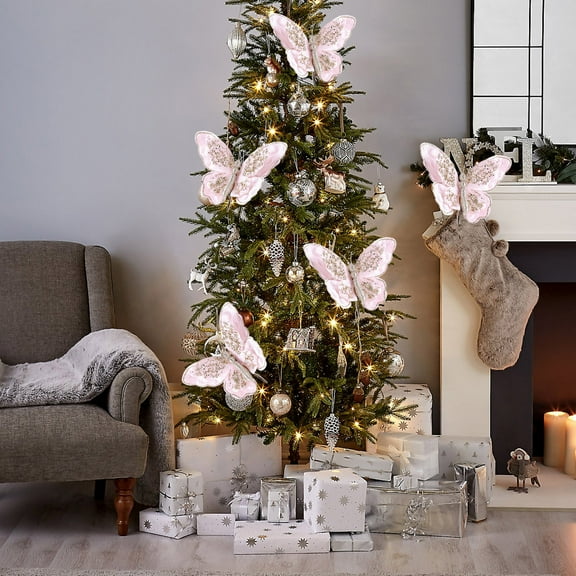 Xecvkr Christmas Tree Butterfly Ornament Artificial Clip Glitter Decor For Wreath Garland Birthday Wedding Table 9.05x7.08in Pink White Green 1 Piece