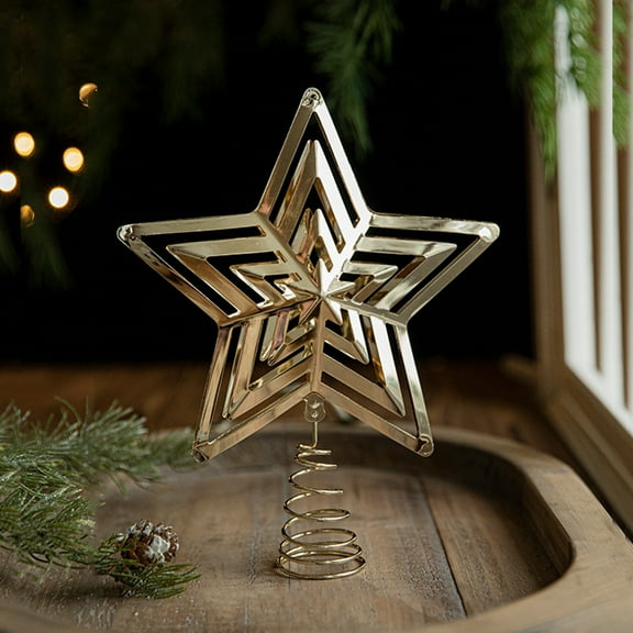 Xecvkr Christmas Tree Topper Iron Golden Five Pointed Star Metal Hollow Volution Spring Stable Secure Window Ornament Holiday House Decor 9.44x7.48in 1 Piece