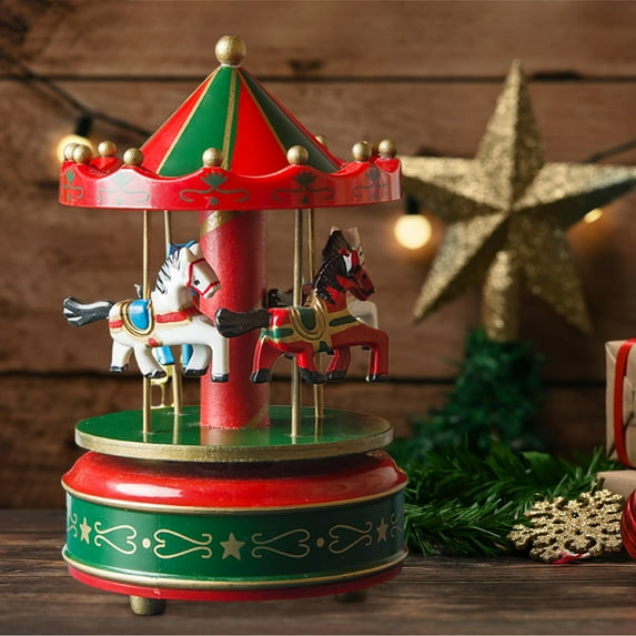 Xecvkr Christmas Carousel Wooden Music Box Rotating Horse Traditional Design Home Decor Gift 10x16cm