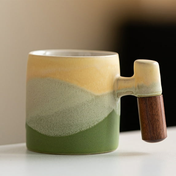Xecvkr Coffee Cup Mini Coarse Ceramic Tea Cup Wooden Grip Handle Coffee Mug Gradient Glaze Drinking Cup for Home Office Sea Theme Single Gift Artistic Fresh Modern Style Tableware Multicolor
