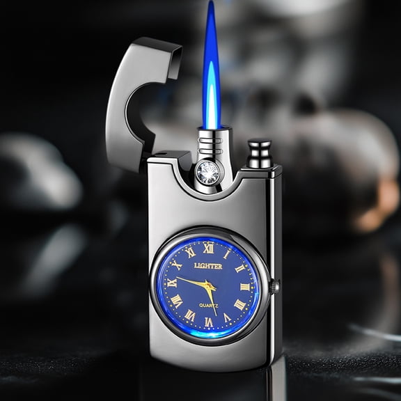 Xecvkr Creative Metal Clock Lighter Multifunctional Windproof Inflatable Lighter Straight Flame Elegant Metal Dial LED Blue Light Collectible Gift Party Office 1 Pack Dark Gray