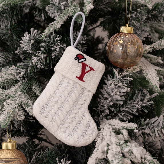 Xecvkr Decorative Knit Alphabet Socks Christmas Gift Bag White Wool Stocking Embroidered Letters Medium Thick Polyester Children’s Candy Holiday Storage Family Table Home 7.09x5.9in 1pc