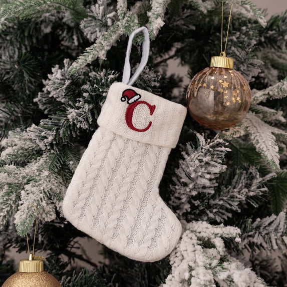Xecvkr Decorative Knit Alphabet Socks Christmas Gift Bag White Wool Stocking Embroidered Letters Medium Thick Polyester Children’s Candy Holiday Storage Family Table Home 7.09x5.9in 1pc